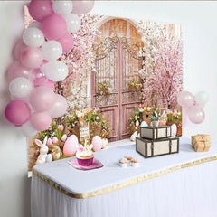 Lofaris Pink Cherry Blossom Easter Backdrop with Ornate Gate, Pastel Eggs and Bunnies for Spring Garden Party Decor