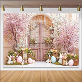 Lofaris Pink Cherry Blossom Easter Backdrop with Ornate Gate, Pastel Eggs and Bunnies for Spring Garden Party Decor