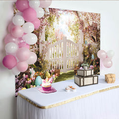 Lofaris Whimsical Spring Floral Arch Easter Backdrop, White Picket Fence Garden with Pastel Eggs and Bunnies, Party Decor.