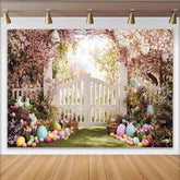 Lofaris Whimsical Spring Floral Arch Easter Backdrop, White Picket Fence Garden with Pastel Eggs and Bunnies, Party Decor.