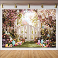 Lofaris Whimsical Spring Floral Arch Easter Backdrop, White Picket Fence Garden with Pastel Eggs and Bunnies, Party Decor.