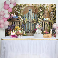 Lofaris Rustic Wooden Gate Easter Garden Backdrop with Flowering Vines, Cute Bunnies and Colorful Eggs