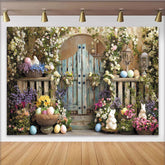 Lofaris Rustic Wooden Gate Easter Garden Backdrop with Flowering Vines, Cute Bunnies and Colorful Eggs