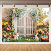Lofaris Vibrant Spring Garden Easter Backdrop with White Picket Fence, Cute Bunnies and Colorful Eggs, for Spring Party