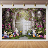 Lofaris Spring Easter Garden Backdrop, White Picket Fence with Floral Archway, Cute Bunnies and Colorful Eggs Photo Booth