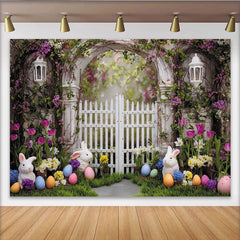 Lofaris Spring Easter Garden Backdrop, White Picket Fence with Floral Archway, Cute Bunnies and Colorful Eggs Photo Booth