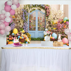 Lofaris Vibrant Easter Floral Garden Backdrop with Blue Arched Door, Colorful Eggs and Cute Rabbits for Spring Party