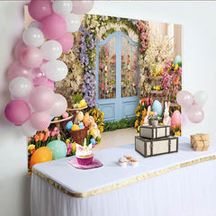 Lofaris Vibrant Easter Floral Garden Backdrop with Blue Arched Door, Colorful Eggs and Cute Rabbits for Spring Party