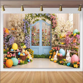 Lofaris Vibrant Easter Floral Garden Backdrop with Blue Arched Door, Colorful Eggs and Cute Rabbits for Spring Party