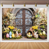 Lofaris Vintage Easter Backdrop with Bunnies, Colorful Eggs and Spring Flowers, Rustic Door Party Decor