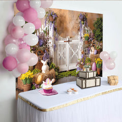 Lofaris Colorful Easter Backdrop with White Picket Fence and Spring Flowers, Vibrant Garden Scene for Party Decor
