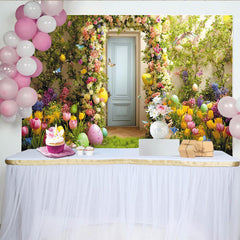 Lofaris Vibrant Easter Backdrop with Colorful Floral Archway, Green Grass, Painted Eggs and Cute Bunny for Spring Party