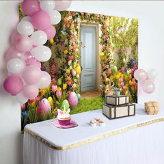 Lofaris Vibrant Easter Backdrop with Colorful Floral Archway, Green Grass, Painted Eggs and Cute Bunny for Spring Party