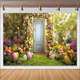 Lofaris Vibrant Easter Backdrop with Colorful Floral Archway, Green Grass, Painted Eggs and Cute Bunny for Spring Party
