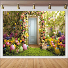 Lofaris Vibrant Easter Backdrop with Colorful Floral Archway, Green Grass, Painted Eggs and Cute Bunny for Spring Party