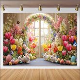 Lofaris Colorful Spring Floral Easter Backdrop with Bunnies and Eggs, Arched Doorway Party Decor