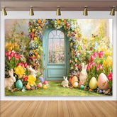 Lofaris Spring Floral Easter Backdrop with Green Door, Cute Bunnies and Colorful Eggs, Garden Party Decor