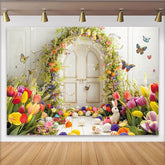 Lofaris Spring Floral Easter Backdrop with Arched Door, Colorful Tulips and Butterflies, Bunny Eggs Decor
