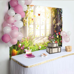 Lofaris Vibrant Spring Garden Easter Backdrop with Sunlit Arched Window, Colorful Tulips and Flying Butterflies