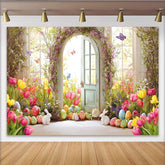 Lofaris Vibrant Spring Floral Easter Backdrop with Arched Door, Colorful Eggs and Cute Bunnies, Party Decor.
