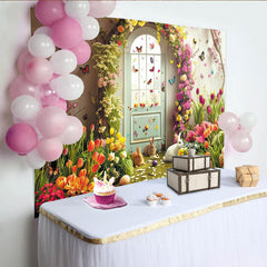 Lofaris Whimsical Spring Garden Easter Backdrop with Cute Bunnies, Vibrant Flowers and Butterflies, Arched Door Decor