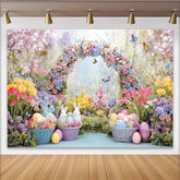 Lofaris Whimsical Spring Floral Arch Easter Backdrop, with Cute Bunnies and Colorful Eggs, for Party Decor