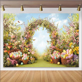 Lofaris Vibrant Spring Floral Easter Backdrop with Colorful Eggs, Garden Arch and Butterflies, Festive Party Decor