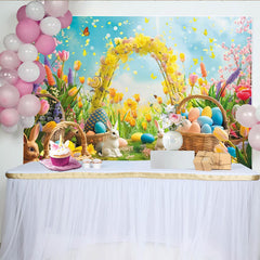 Lofaris Vibrant Easter Backdrop with Colorful Eggs and Cute Rabbits, Spring Flowers and Yellow Arch Party Decor