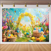 Lofaris Vibrant Easter Backdrop with Colorful Eggs and Cute Rabbits, Spring Flowers and Yellow Arch Party Decor
