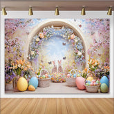 Lofaris Whimsical Easter Backdrop with Cute Bunnies and Colorful Eggs, Spring Floral Archway and Butterfly Garden