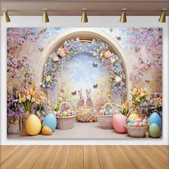 Lofaris Whimsical Easter Backdrop with Cute Bunnies and Colorful Eggs, Spring Floral Archway and Butterfly Garden