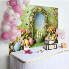 Lofaris Vibrant Spring Easter Backdrop with Floral Arch, Cute Bunnies and Colorful Eggs, Garden Party Photo Booth