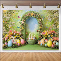 Lofaris Vibrant Spring Easter Backdrop with Floral Arch, Cute Bunnies and Colorful Eggs, Garden Party Photo Booth