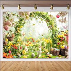 Lofaris Vibrant Spring Easter Backdrop with White Rabbit, Colorful Eggs, Butterflies and Floral Archway, for Celebration