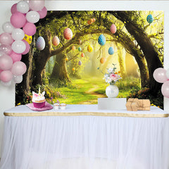 Lofaris Magical Forest Easter Backdrop with Eggs and Winding Path, Vibrant Spring Background for Holiday Party Decor