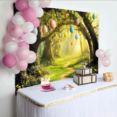 Lofaris Magical Forest Easter Backdrop with Eggs and Winding Path, Vibrant Spring Background for Holiday Party Decor