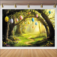 Lofaris Magical Forest Easter Backdrop with Eggs and Winding Path, Vibrant Spring Background for Holiday Party Decor