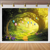 Lofaris Colorful Easter Egg Forest Photography Backdrop with Winding Path, Spring Holiday Decor for Party Photoshoot