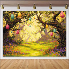 Lofaris Enchanted Easter Forest Photography Backdrop with Eggs and Lush Greenery, Spring Holiday Party Background for Photoshoot