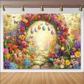 Lofaris Vibrant Floral Arch Easter Backdrop with Colorful Eggs and Bunnies, Charming Spring Garden Holiday Photoshoot Decor
