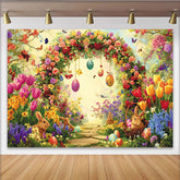 Lofaris Vibrant Floral Arch Easter Backdrop with Cute Bunnies Eggs, Spring Garden Background for Holiday Party Decor