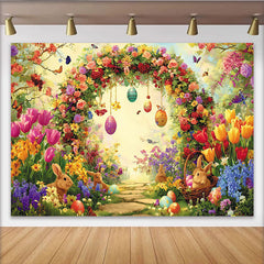 Lofaris Vibrant Floral Arch Easter Backdrop with Cute Bunnies Eggs, Spring Garden Background for Holiday Party Decor