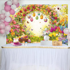 Lofaris Vibrant Easter Backdrop with Spring Flowers and Bunnies, Eggs Garden Photography Background for Holiday Party Decor