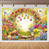 Lofaris Vibrant Easter Backdrop with Spring Flowers and Bunnies, Eggs Garden Photography Background for Holiday Party Decor