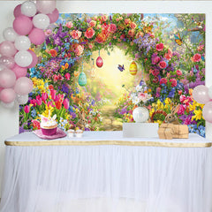 Lofaris Colorful Easter Backdrop with Spring Flowers, Cute Bunnies and Eggs, Garden Photography Background for Holiday Party