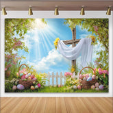 Lofaris Bright Spring Easter Backdrop with Wooden Cross Eggs, Sunny Sky and Green Grass, Festive Photography Holiday Decor