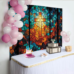 Lofaris Vibrant Stained Glass Cross Photography Backdrop with Mosaic Pattern, Religious Church Window Background for Studio Portrait
