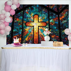 Lofaris Vibrant Stained Glass Cross Photography Backdrop with Radiant Light, Artistic Studio Background for Religious Event