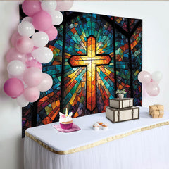 Lofaris Vibrant Stained Glass Cross Photography Backdrop with Radiant Light, Artistic Studio Background for Religious Event