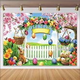 Lofaris Colorful Easter Backdrop with Cute Bunnies and Spring Flowers, Vibrant Garden Background for Holiday Party Decoration